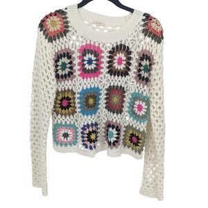 Debut Sweater Womens Medium Cream Multicolor‎ Crochet Granny Square Cottagecore